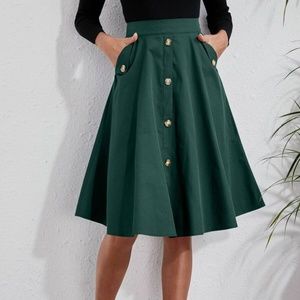 Classic Dark Green Button Detail Pocket Midi Skirt Work office